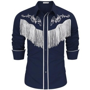 Coolmee Men's Western Cowboy Fringe Shirt Long Sleeve Floral Print Slim Fit Button Down Shirt - 1 of 3