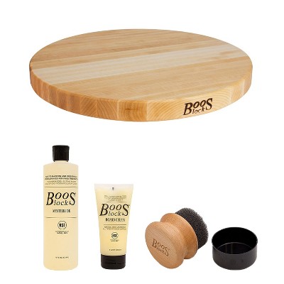 John Boos Maple Wood Reversible Round Chopping Block Cutting Board, 18 x 18 x 1.5 Inches and 3 Piece Wood Cutting Board Care and Maintenance Set