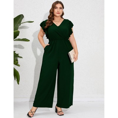 Plus Size Women's High Waist Wide Leg Jumpsuit Double-Layer Flutter Sleeves for Casual or Office Wear