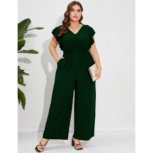 Plus Size Women's High Waist Wide Leg Jumpsuit Double-Layer Flutter Sleeves for Casual or Office Wear - 1 of 4