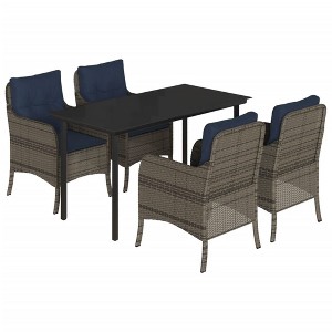 vidaXL 5-Piece Patio Dining Set - Gray Poly Rattan with Navy Cushions, Tempered Glass Tabletop, Weather-Resistant Outdoor Seating - 1 of 4