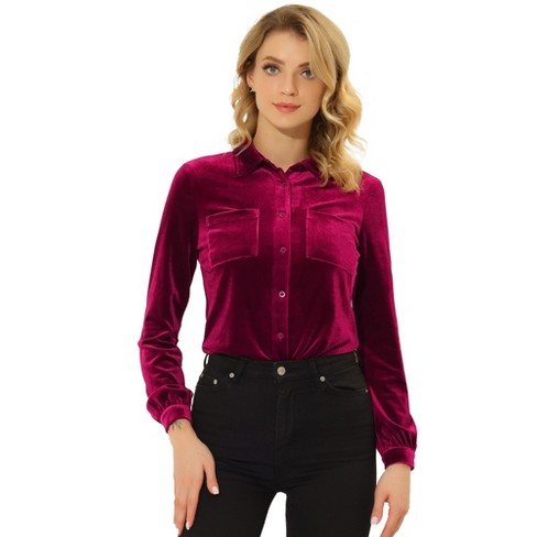 Allegra K Women's Pocket Front Velvet Blouse Long Sleeve Casual Button Down  Shirt Wine Red X-small : Target