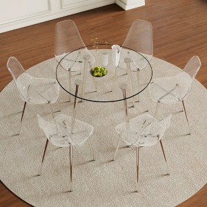 7-Piece Dining Set with Tempered Glass Round Table and 6 Transparent Plastic Chairs - 1 of 4