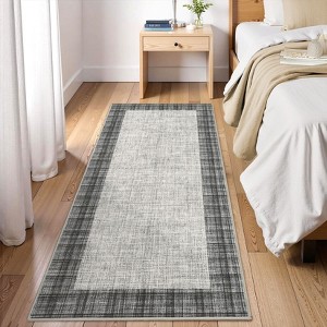 Modern Bordered Plaid Runner Rug 2x6 Ft Soft Thin Washable Hallway Runner with Non-Slip TPR Rubber Backing, Foldable Low Pile Non Shedding Rug - 1 of 4