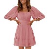 EXLURA Women's Lantern Sleeve Tie Back Summer Dress Ruffled Off Shoulder A-Line Vintage Mini Dress - 2 of 4