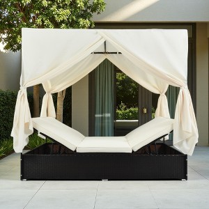 Outdoor Patio Rattan Canopy Daybed Sunbed with Curtain and Adjustable Seat - 1 of 4