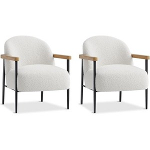 Accent Chair Set of 2, White Comfy Chair with Teddy Fabric, Wood Arms, Metal Frame & Adjustable Feet, Modern Chair for Living Room,Bedroom - 1 of 4