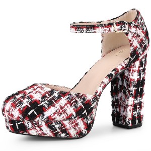 Allegra K Women's Platform Closed Toe Heels Plaid Mary Janes Chunky Pumps - 1 of 4