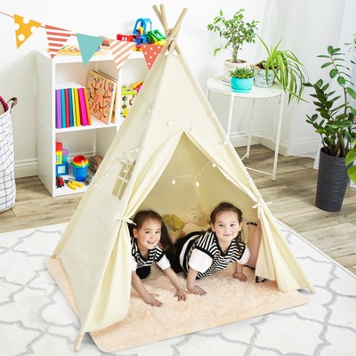 Costway Kids Canvas Teepee Play Tent Foldable Playhouse Toys for Indoor Outdoor