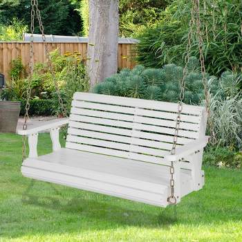 Costway Porch Swing Wood Outdoor Patio Hanging Bench Chair for Garden Backyard White/orange