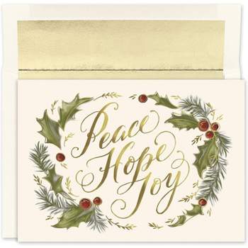 Masterpiece Studios Holiday Collection 16-Count Boxed Christmas Cards With Foil-Lined Envelopes, 7.8" x 5.6", Peace Hope Joy (941400)