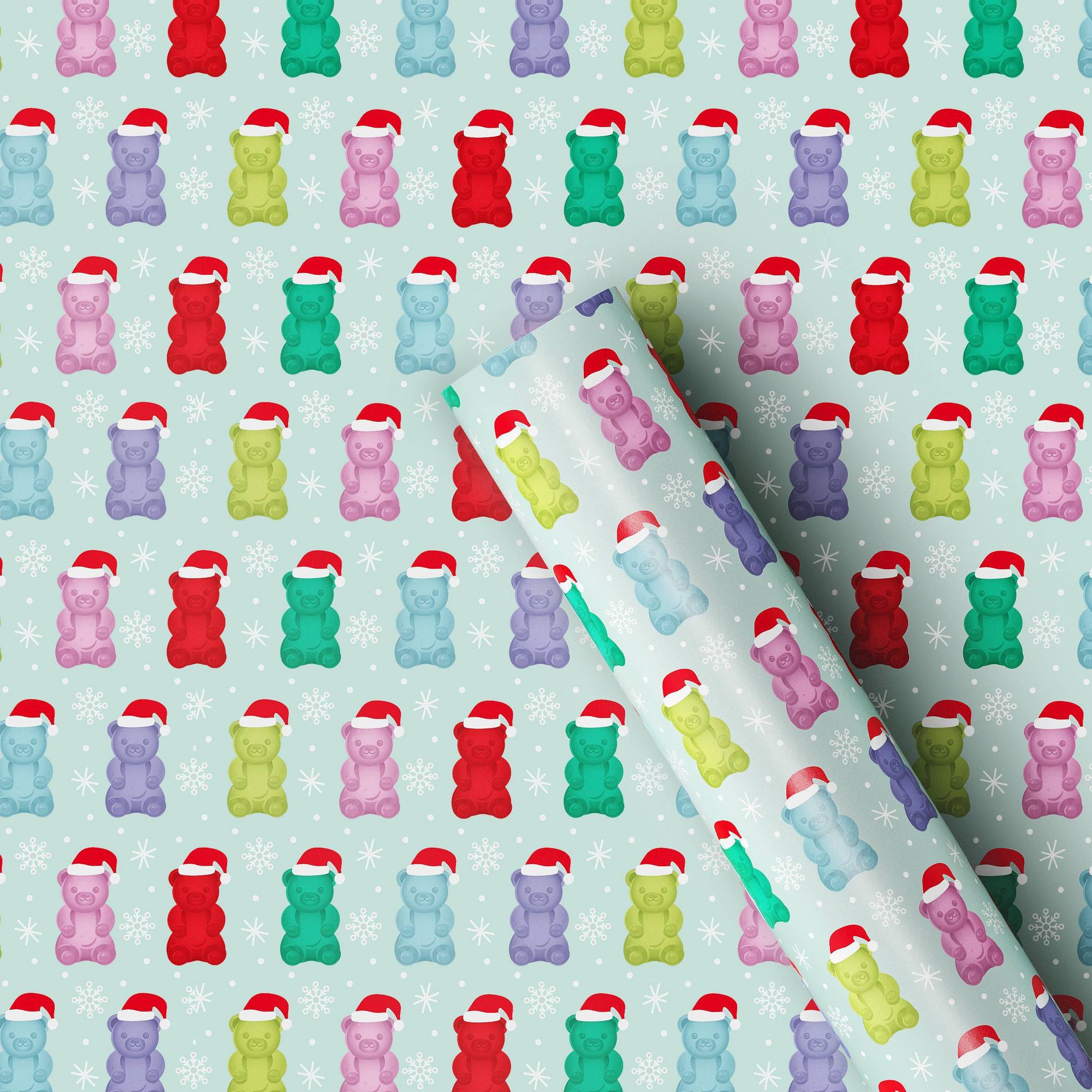 30” 55 sq ft Christmas Roll Wrap Santa Gummy Bears on Mint - Wondershop™