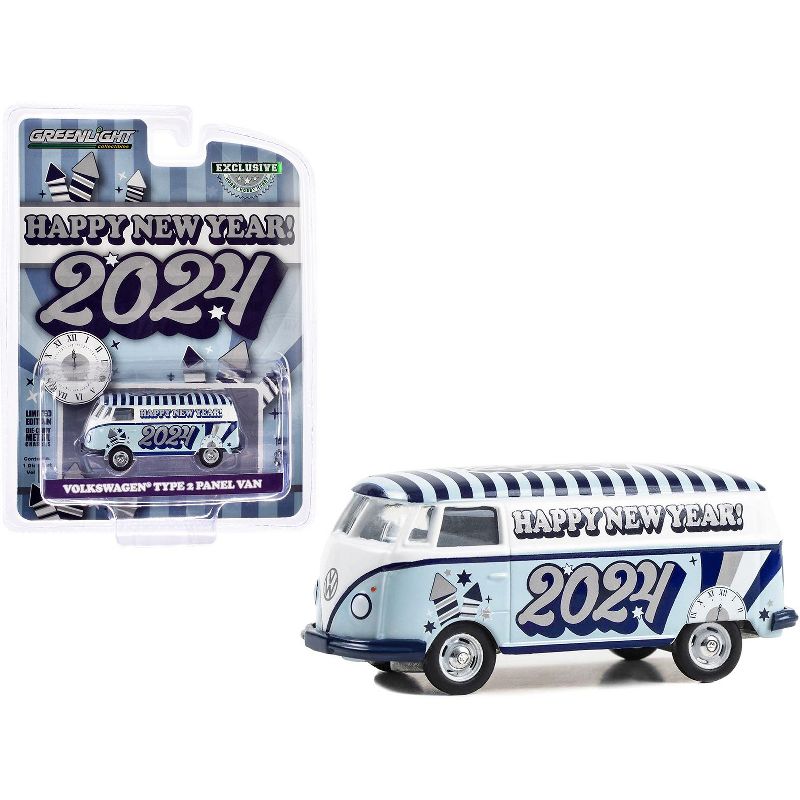 Volkswagen Type 2 Panel Van "Happy New Year 2024" Light Blue and White with Striped Top 1/64 Diecast Model Car by Greenlight, 1 of 4