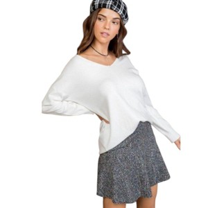 Slickblue Women's Side Slit Hi-Lo Sweater, V Neck, 3/4 Sleeve, Versatile & Trendy, White/Light Yellow, S/M - 1 of 4