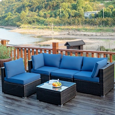 Navy Cushioned 5-Piece Brown Steel Patio Seating Set