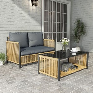 Sapphtopaz PE Rattan Outdoor Sofa Set, Minimalist Outdoor Patio Sofa with Gray Cushion, Black Brown Patio Sofas, Set of 2 Single Sofa - 1 of 4