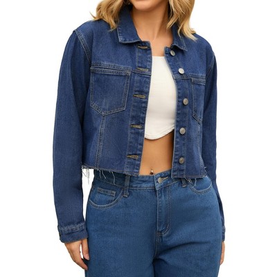 INSPIRE CHIC Women's Long Sleeve Button Down Turndown Collar Frayed Hem Trendy Cropped Washed Denim Jacket