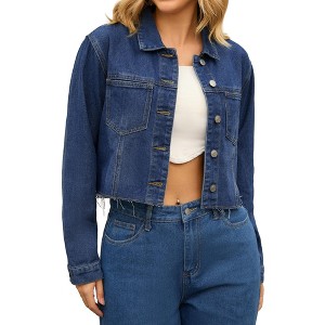 INSPIRE CHIC Women's Long Sleeve Button Down Turndown Collar Frayed Hem Trendy Cropped Washed Denim Jacket - 1 of 4