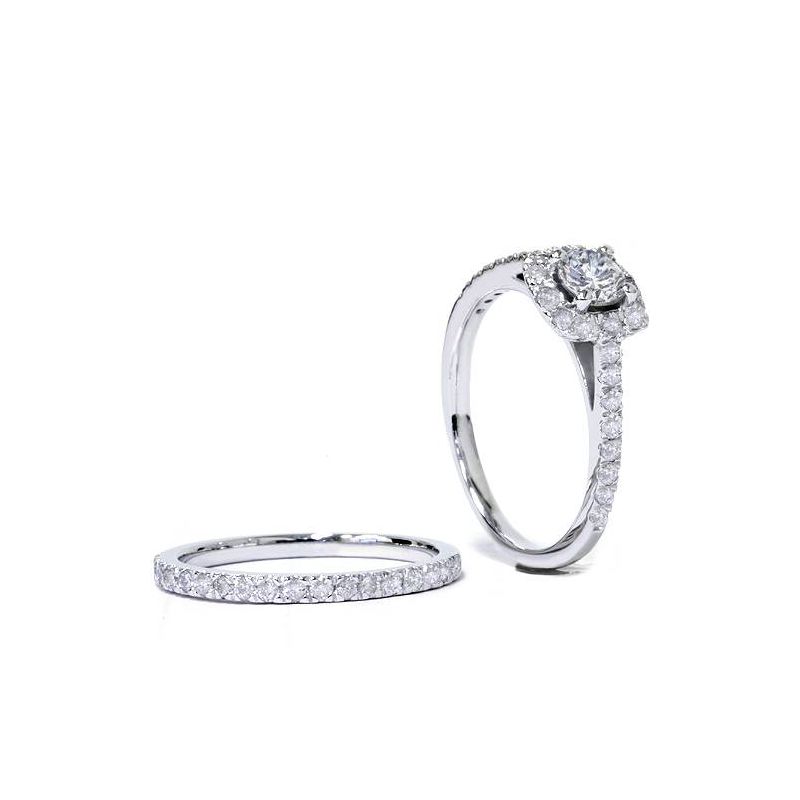 Pompeii3 1 ct Diamond Cushion Halo Engagement Wedding Ring Set 14k White Gold, 2 of 6