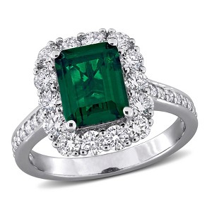 CREATED FOREVER | Sterling Silver 2.3 CT TGW Created Emerald and 1.16 CT TW Lab-Grown Diamond Halo Ring - 1 of 4
