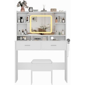 Vanity Desk with Sliding Mirror, Makeup Desk and Stool, Girls Vanity Table with 2 Drawers & Storage Shelves for Bedroom - 1 of 4