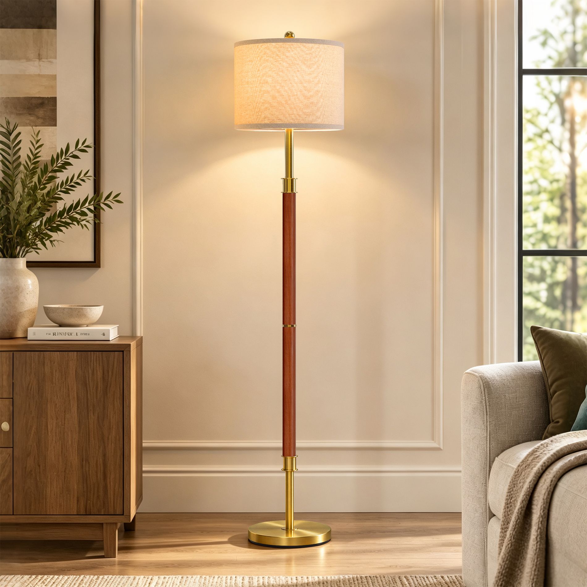 Maxax 62" Wood Floor Lamp, Red-Brown Wood Grain Standing Lamp for Bedroom Living Room, Bulb Not Included
