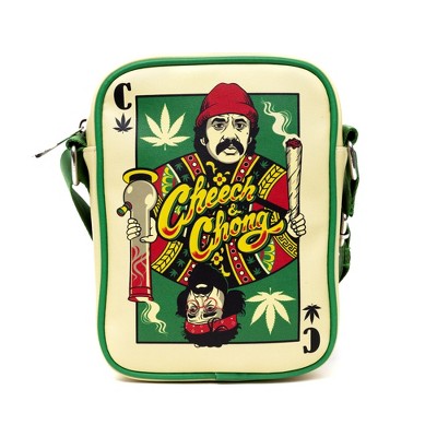 Cheech & Chong Vegan Leather Crossbody Backpack for Men and Women with Adjustable Strap, C of Weeds Playing Card Replica, Green