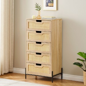 Jojoka Rattan 5 Drawer Dresser,Wooden Chest of Drawer,Farmhouse Storage Cabinet with Solid Metal Legs for Bedroom,Oak - 1 of 4