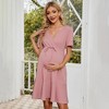 Womens Maternity Dress V Neck Ribbed Knit Short Sleeve Ruffle Dress Wrap Front Tie Dress for Pregnancy Baby Shower Photography - 2 of 4