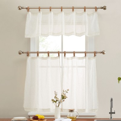 HLC.ME Lena Burlap Flax Linen Semi Sheer 3 Piece Kitchen Curtains Set, Light Filtering Transparent Window Tab Top Valance + Tiers Set - Natural Linen