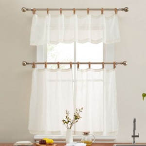 HLC.ME Lena Burlap Flax Linen Semi Sheer 3 Piece Kitchen Curtains Set, Light Filtering Transparent Window Tab Top Valance + Tiers Set - Natural Linen - 1 of 1