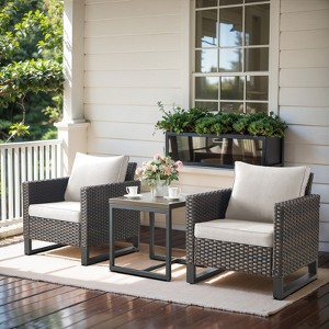 POCASSY 3PCS Patio Furniture Set with Wicker Patio Chair, All Weather Brown Wicker Rattan Outdoor Bistro Set Outdoor Club Chairs with Metal End Table - 1 of 4