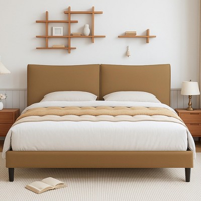 Wooden Platform Bed Frame with Leather Upholstered Headboard Solid Wood Slats Support No Box Spring Needed
