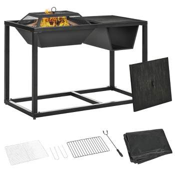 Outsunny 4-in-1 Fire Pit, BBQ Grill, Ice Bucket, Garden Table, with Cooking Grate, Log Grate & Waterproof Cover, Fireplace with Spark Screen & Poker