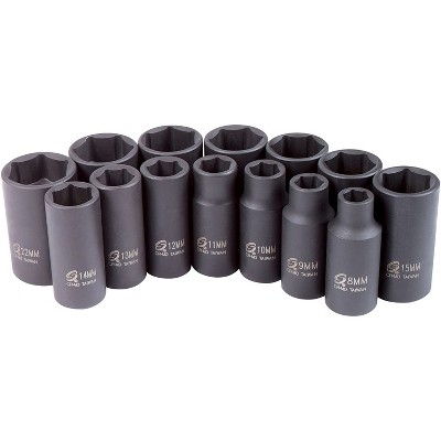 Sunex Tools 3328 Heavy Duty Steel 14 Piece Mid Depth Length Impact Socket Set, Metric, 3/8 Inch Drive