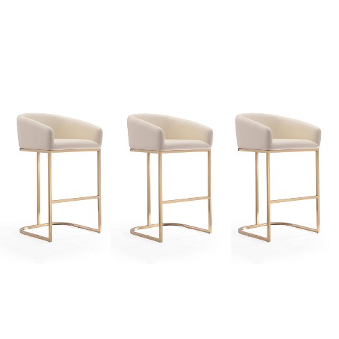 Set of 3 Louvre Upholstered Stainless Steel Barstools Cream Manhattan Comfort