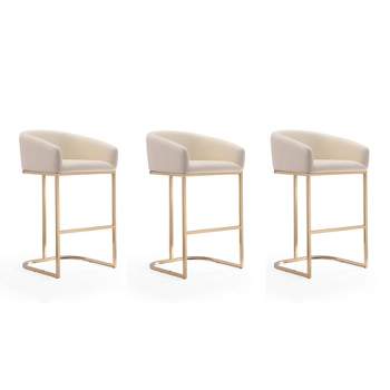 Set of 3 Louvre Upholstered Stainless Steel Barstools Cream - Manhattan Comfort