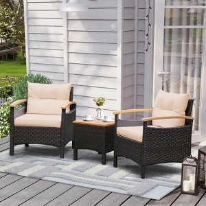 Costway Patiojoy 3PCS Patio Rattan Furniture Set Wooden Armrest Table Top Cushioned Deck Beige/Navy/Off White - 1 of 4