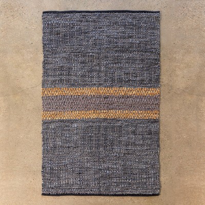 Gray and Caramel Recycled Leather Striped 4' x 6' Rug