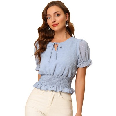Allegra K Women's Puff Sleeve Swiss Dots Smocked Waist Ruffle Chiffon Blouse