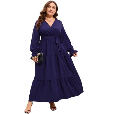 Plus Size Women's V Neck Long Sleeve Maxi Dress with Belt Flowy Elegant Floor Length Dress