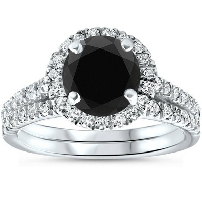 Pompeii3 2 1/2 Ct Treated Black Diamond Halo Engagement Wedding Ring Set 14K White Gold