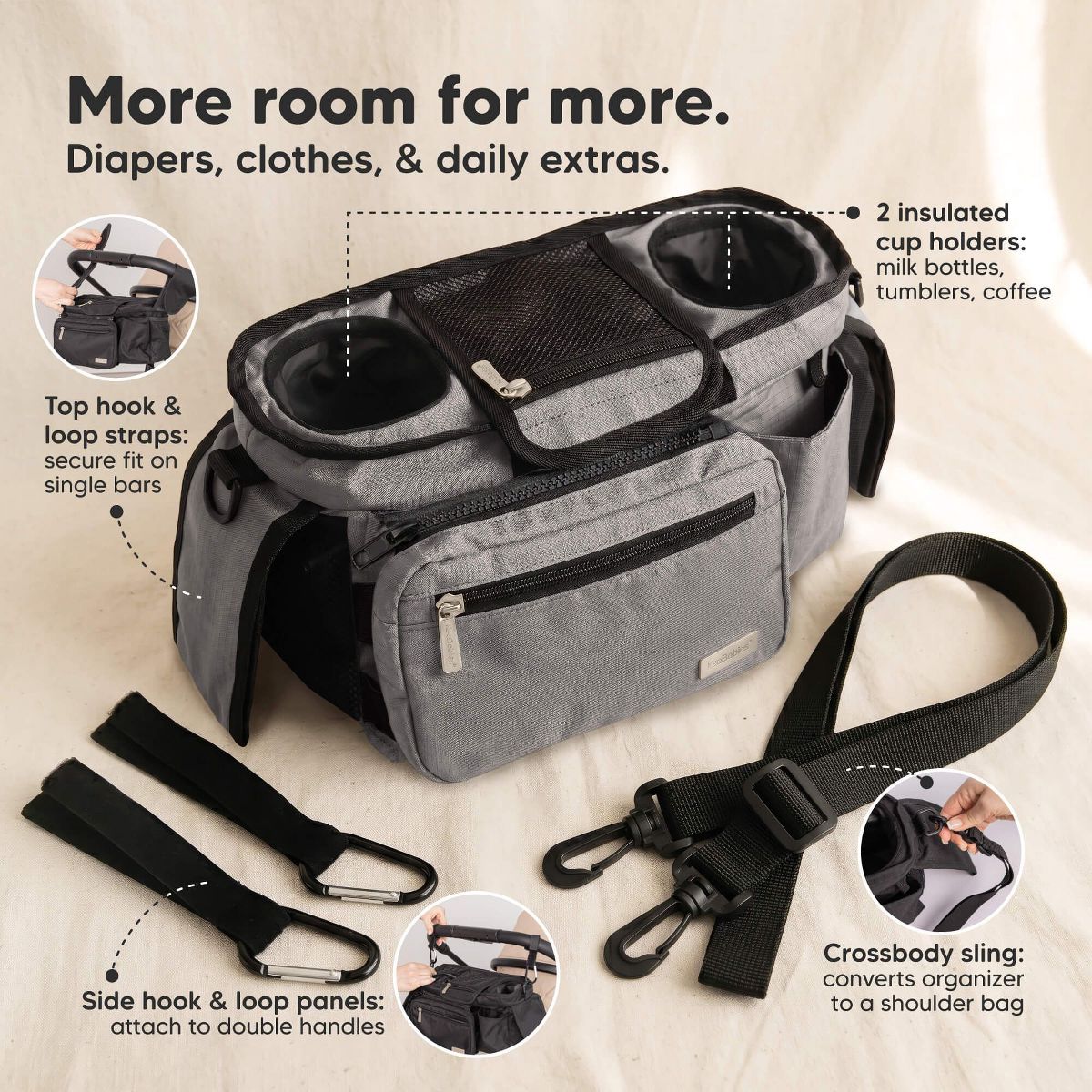 KeaBabies Stash Stroller Organizer Bag, Storage Caddy with Cup Holders, Fits Most Strollers and Wagons - thumbnail 4