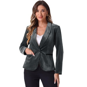 INSPIRE CHIC Women's Office Solid Shawl Collar Jetted Pockets One Button Velvet Blazer - 1 of 4