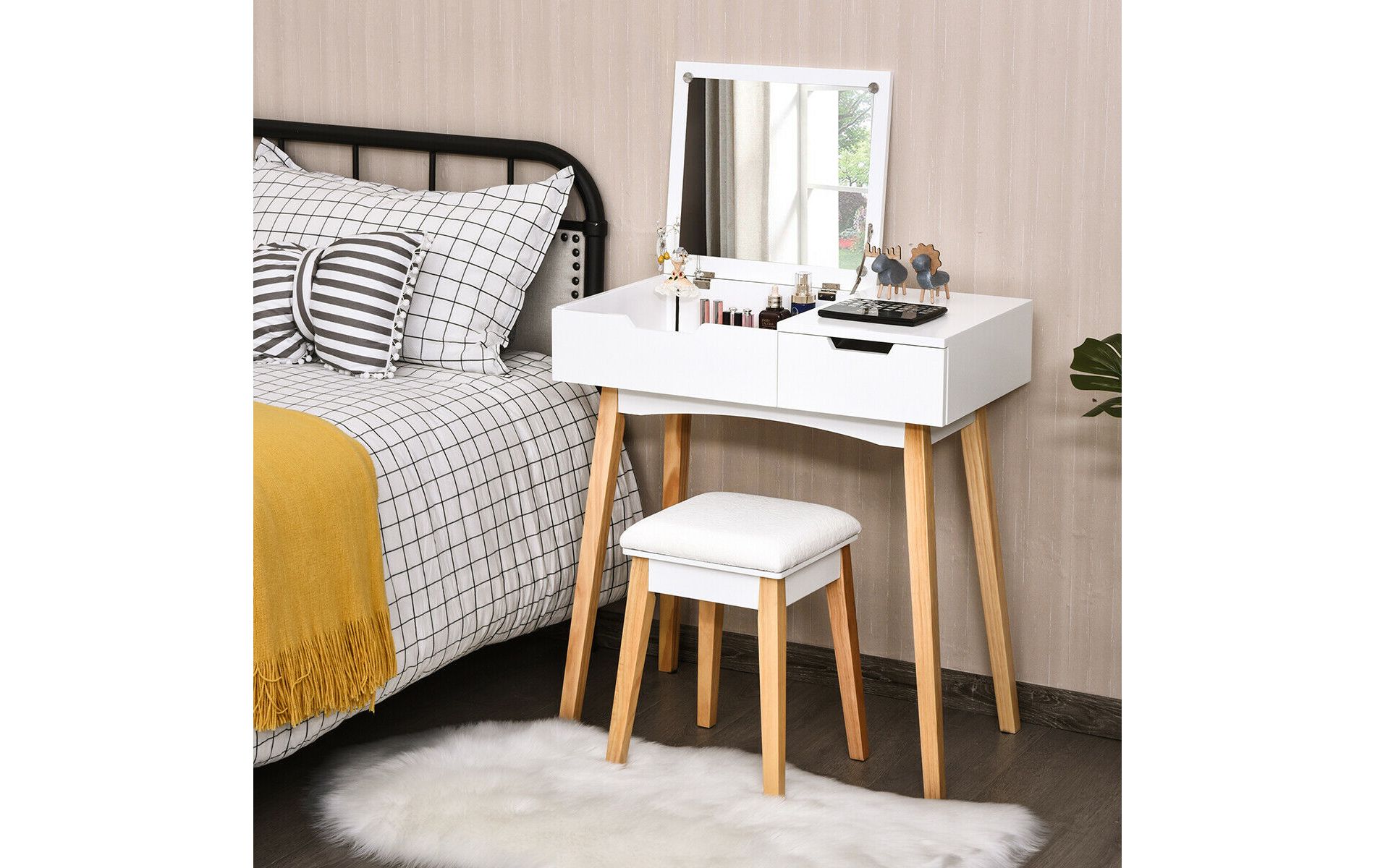 Costway Vanity Makeup Table Cushioned Stool Set W/Flip Top Mirror &1 Drawer Writing Desk