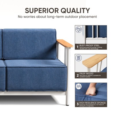 Superior quality features: propped by icons and text showing steel frame, faux wood, high resilience sponge