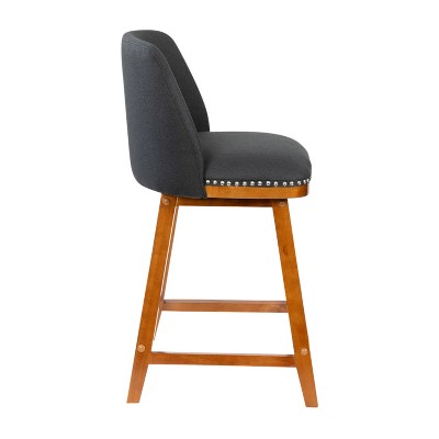 Set of 2 Charcoal Faux Linen Upholstered Counter Stools with Walnut Wood Frame