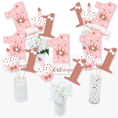 Big Dot of Happiness 1st Birthday Little Miss Onederful - Girl First Birthday Party Centerpiece Sticks - Table Toppers - Set of 15