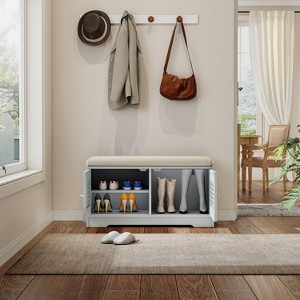 Shoe Bench, Entryway Storage Bench with Doors, Cushion, 2-Tier Shoe Rack, Shoe Organizer Cabinet, Adjustable Shelf for Living Room, Bedroom - 1 of 4