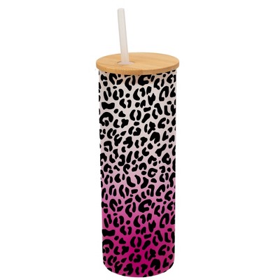 Elanze Designs Cheetah Animal Print Wrap-Around Design 25 Ounce Frosted Gradient Glass On-The-Go Coffee Travel Skinny Tumbler Mug Cup, Bamboo Lid and